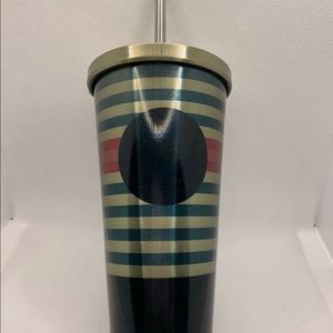Starbucks 2014 Black Dot Multicolor Striped Metal Tumbler w/ Lid and Str…